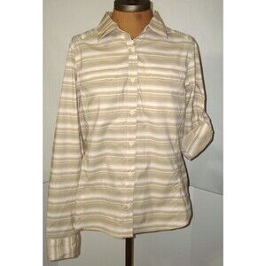New Womens NWT M Stripe Khaki White Top Roll Sleeves UPF Columbia Antiodor Brown